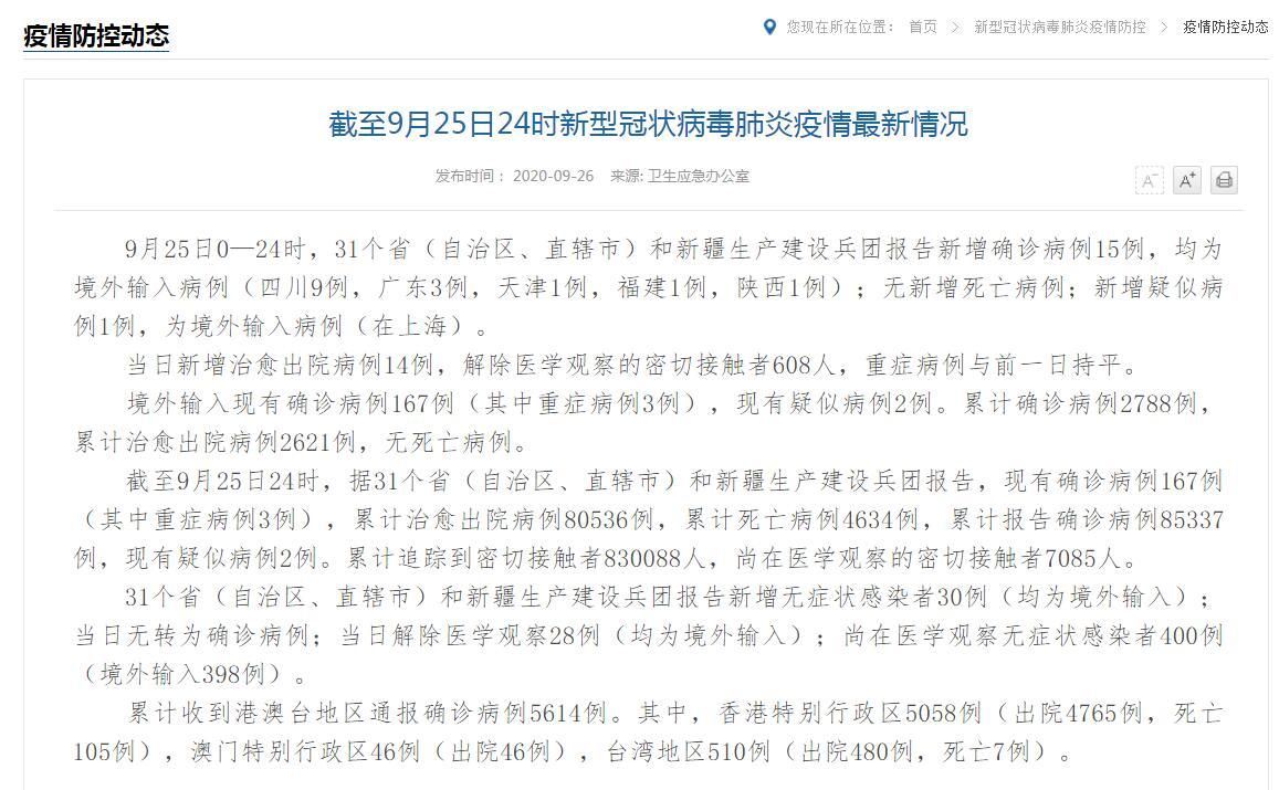 全国新增确诊15例均为境外输入:全国新增确诊15例均为境外输入病例